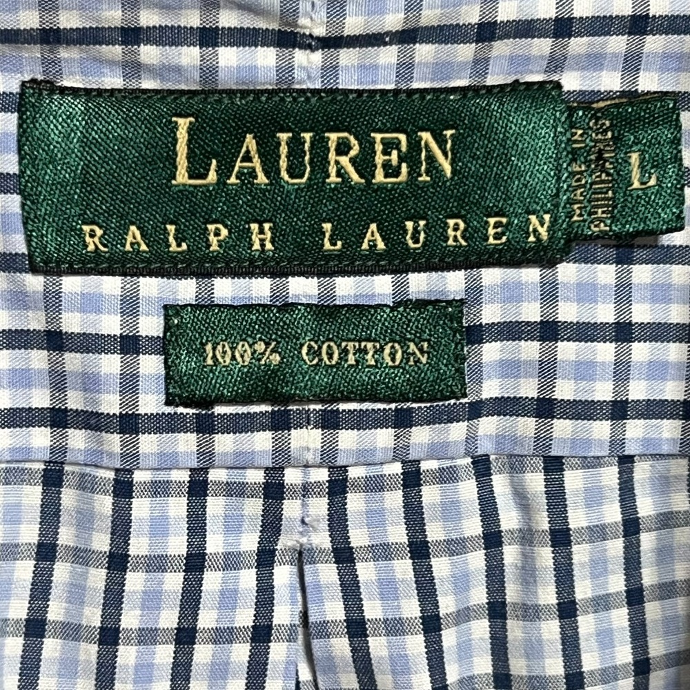 Lauren Ralph Lauren Mens L Short Sleeve Shirt Blue Check Plaid Crest Logo Cotton - Picture 6 of 7